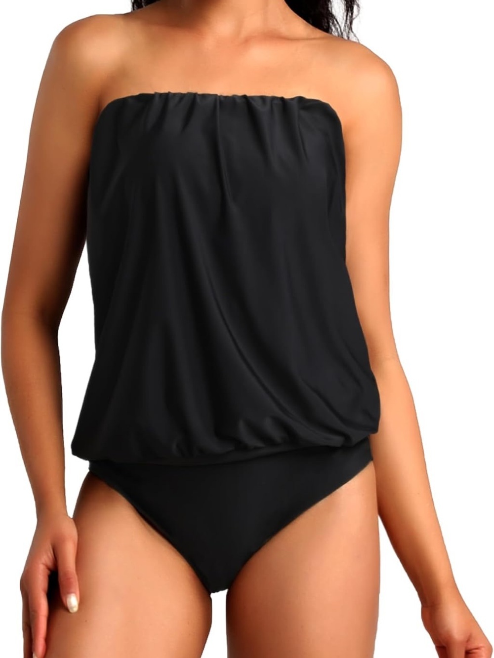 Bandeau Tankini Swimsuit Strapless Blouson Top w/Bikini Bottom M. 2066/bb2-1